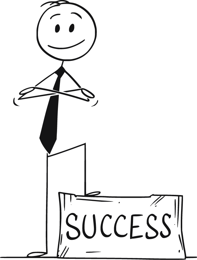 Businessman stick figure confidently crossing his arms and smiling as he stands with his foot on a block with the word "Success!"