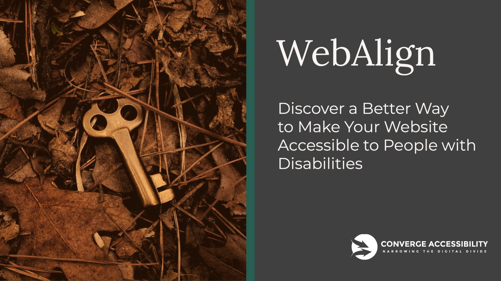 Picture of Golden Key in Forest with Tagline "WebAlign. Come Discover a Better Way to Make Your Website Accessible to People with Disabilities