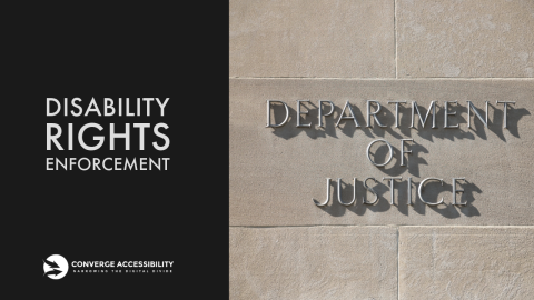 Side of Department of Justice Building and text "Disability Rights Enforcement"
