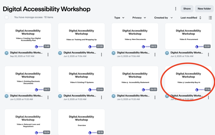 Vimeo screenshot of Converge's Digital Accessibility Workshop Series with Module 3 (Leadership Buy-In) Circled.