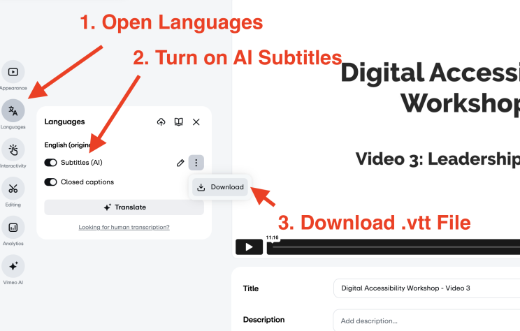 Screenshot of Vimeo with steps identified in accompanying text