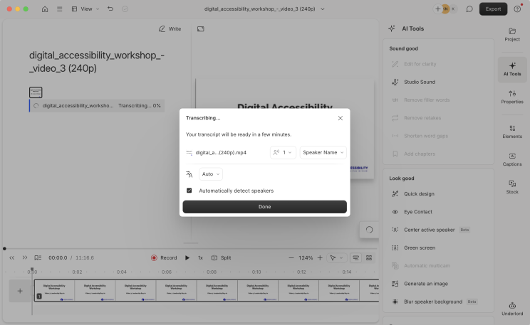 Detect speaker dialog box in Descript. See accompanying text for description.